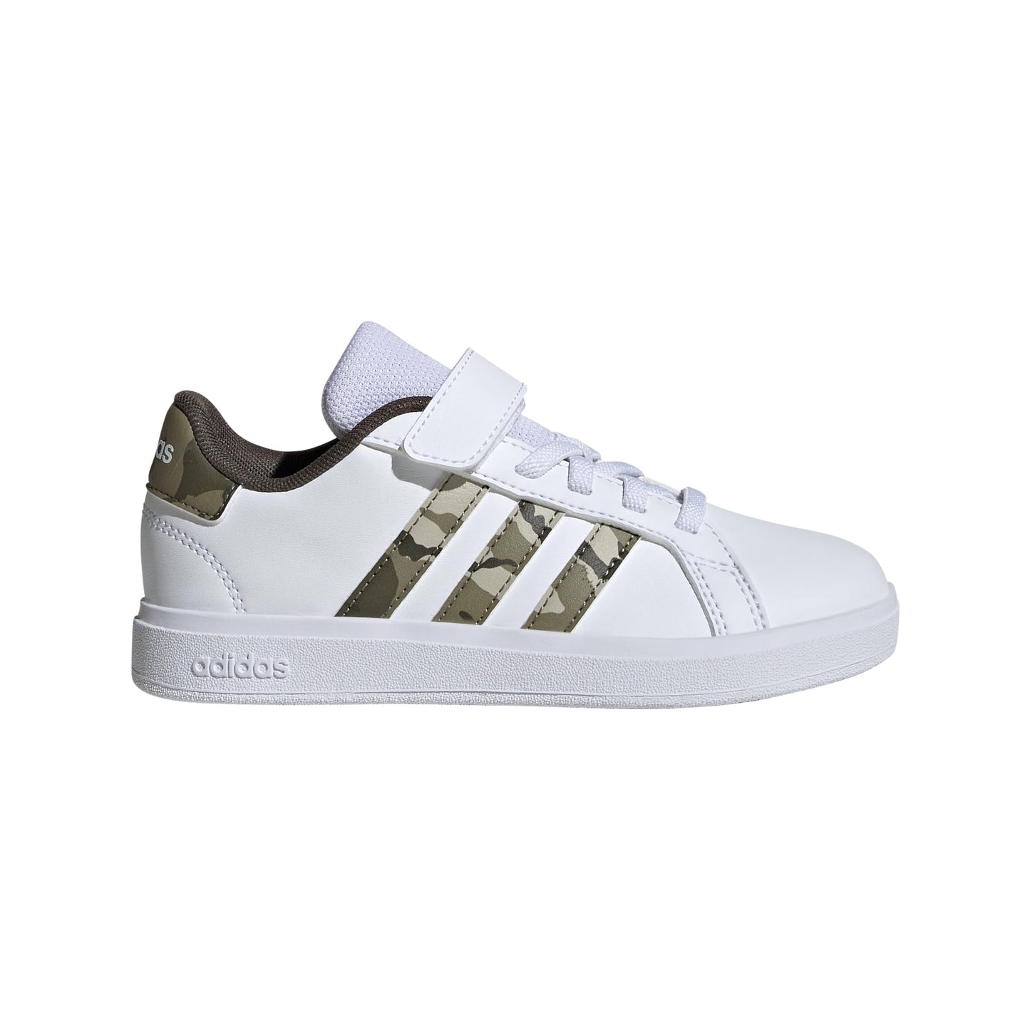 adidas Grand Court 2.0 Elastic Lace Sneaker White/Olive Strata/Shadow Olive 2 US Unisex Little Kid