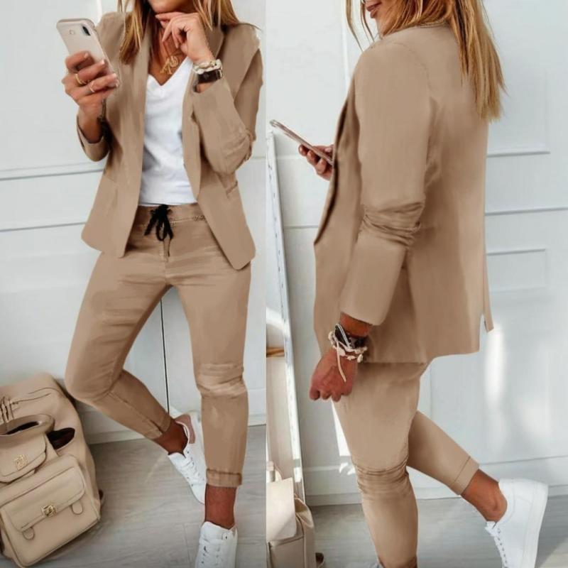 Conjunto de traje de saco con solapa de muesca y pantalón con cordón para mujer