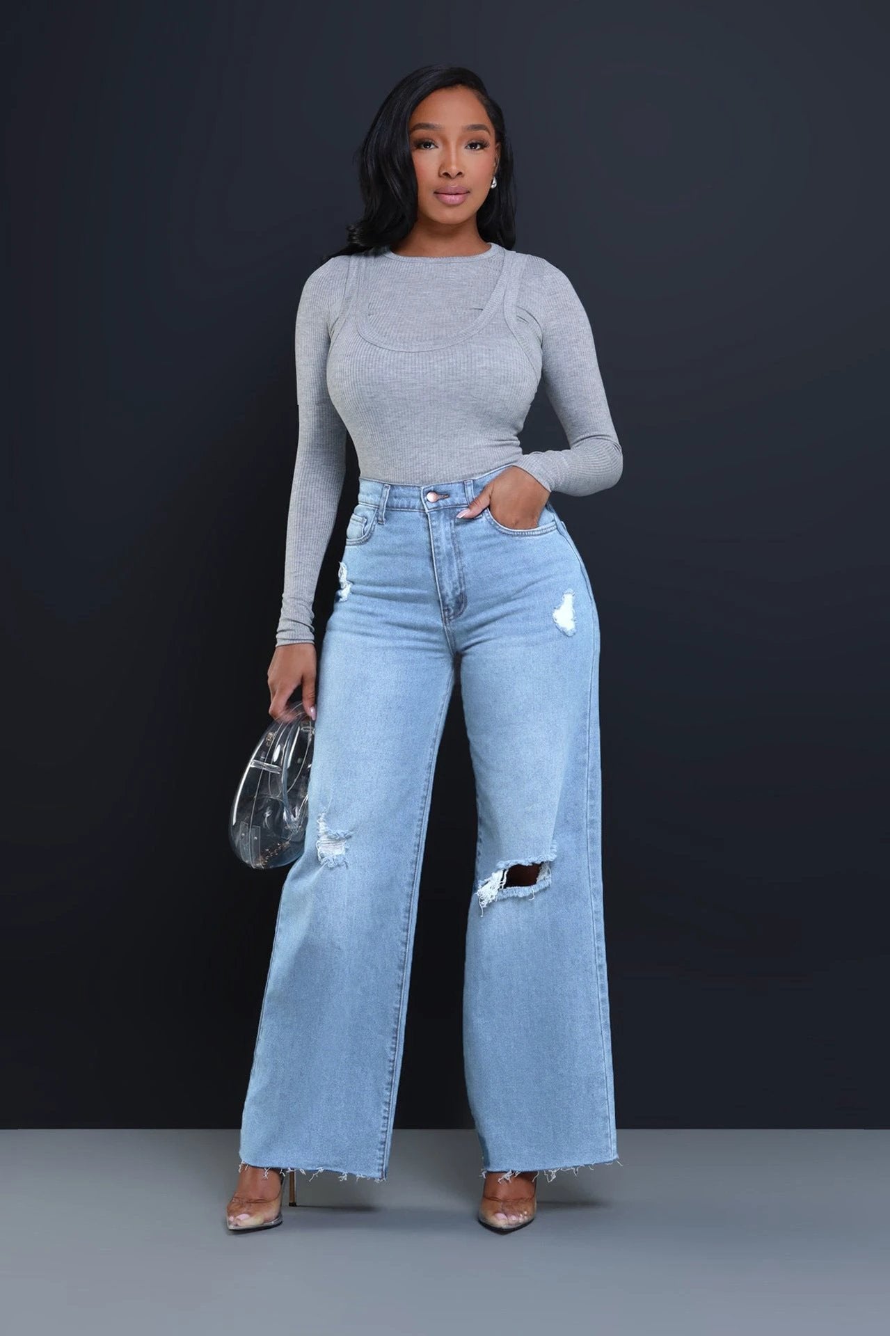 Women's Ripped High Waist Loose Straight Wide Leg Jeans