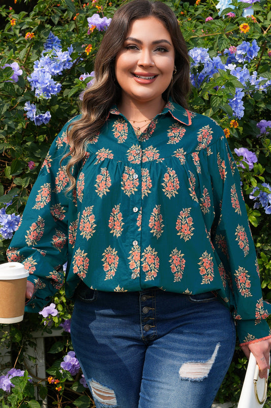 Camisa holgada plisada con estampado floral en tallas grandes, con ribete de encaje en contraste, color verde