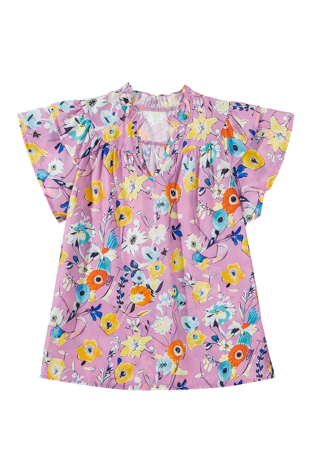 Top floral rosa con manga mariposa y cuello en V