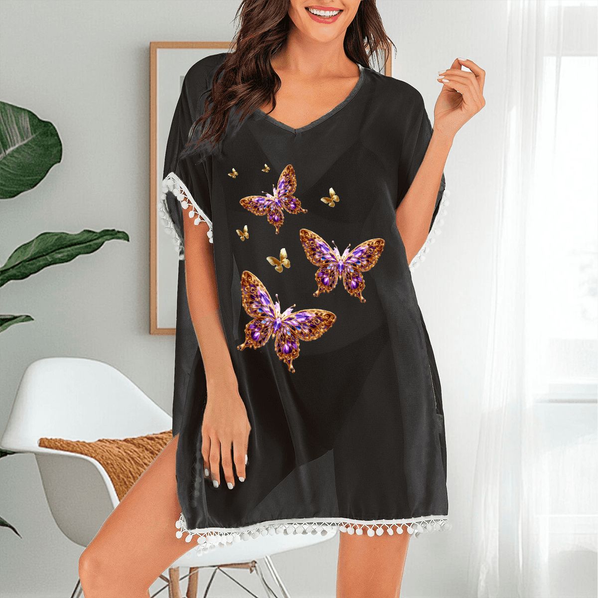 Women's Gold & Purple Butterfly Design Chiffon Beach Coverup (Made in USA)