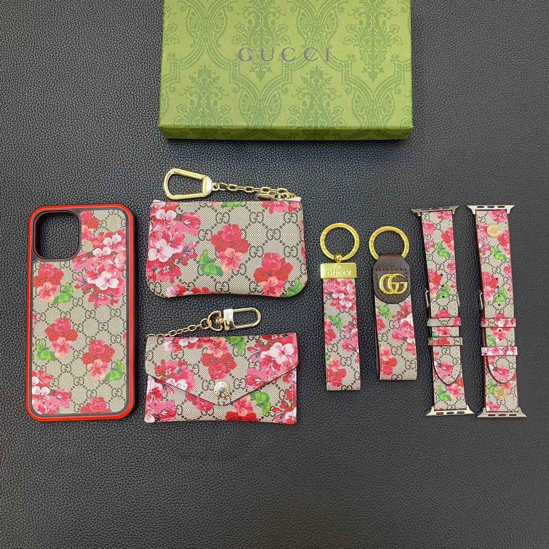 Set de regalo de moda (funda para iPhone+llavero+monedero+tarjetero+correa de reloj)