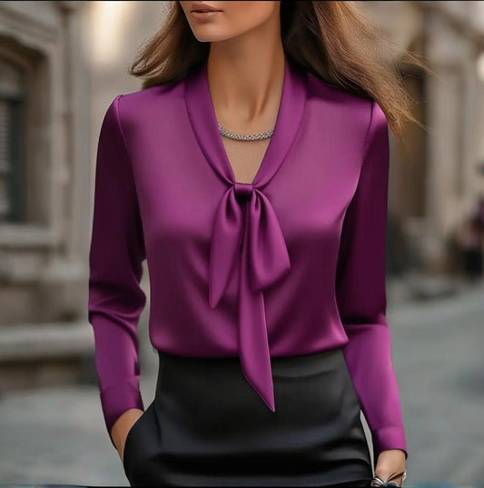 Blusa elegante de cinta de satén — Camisa de trabajo de manga larga con botones