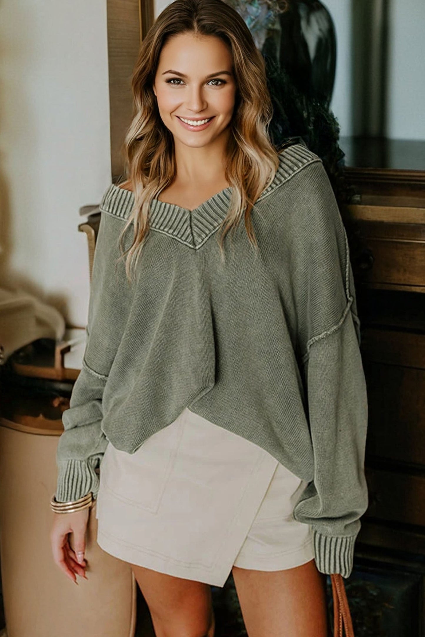 Four Leaf Clover Mineral Wash V Neck Knit Exposed Seam Drop Shoulder Loose Sweater