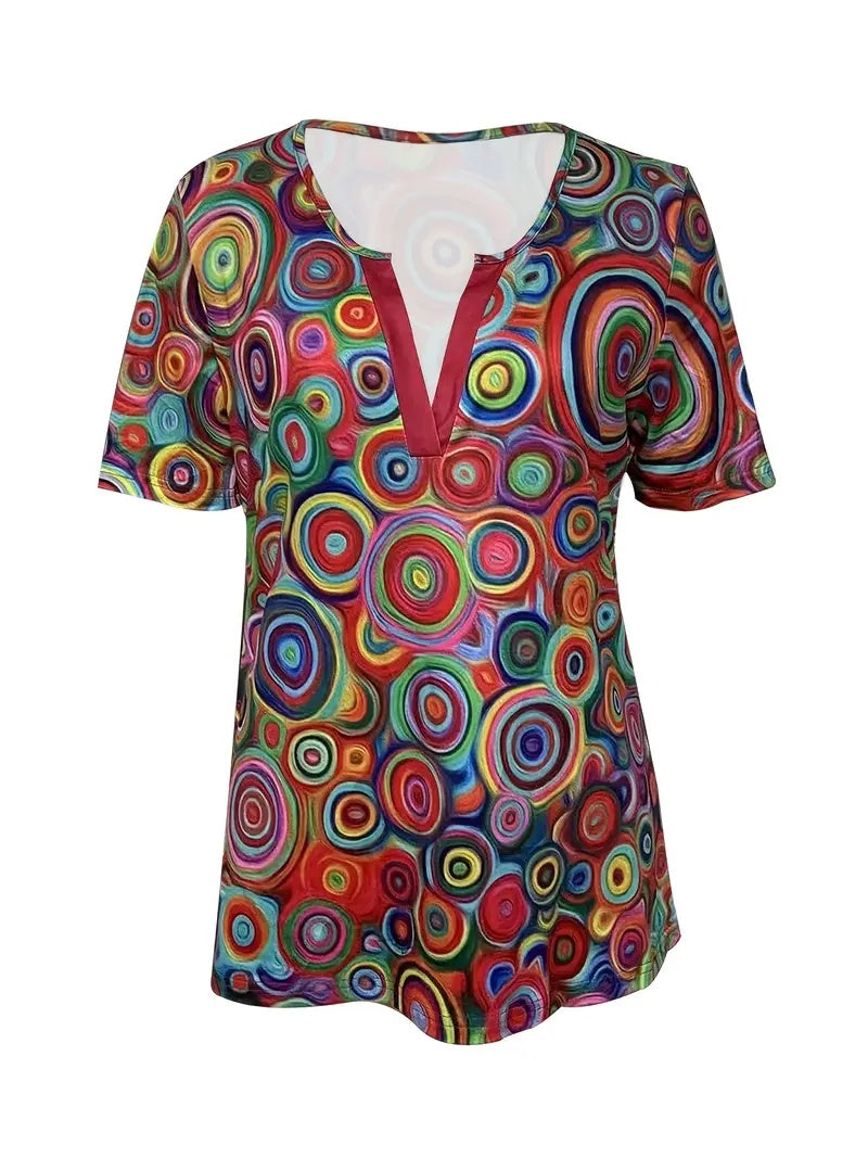 Camiseta de manga corta con estampado de caramelos rojos y cuello en V, holgada e informal para el verano
