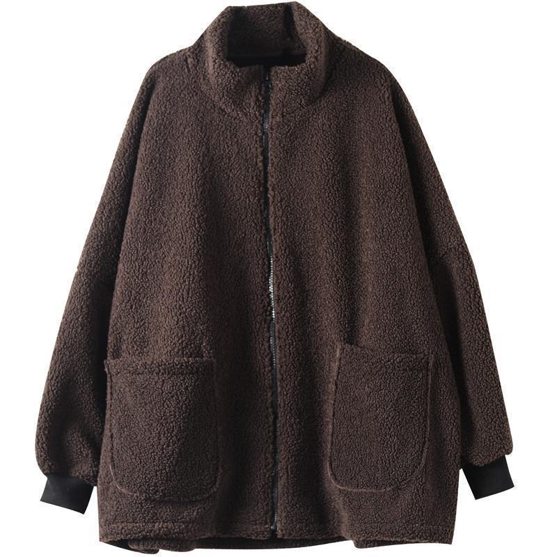 Plus-size Loose-fitting Long-sleeve Womens Casual Lambswool Coat