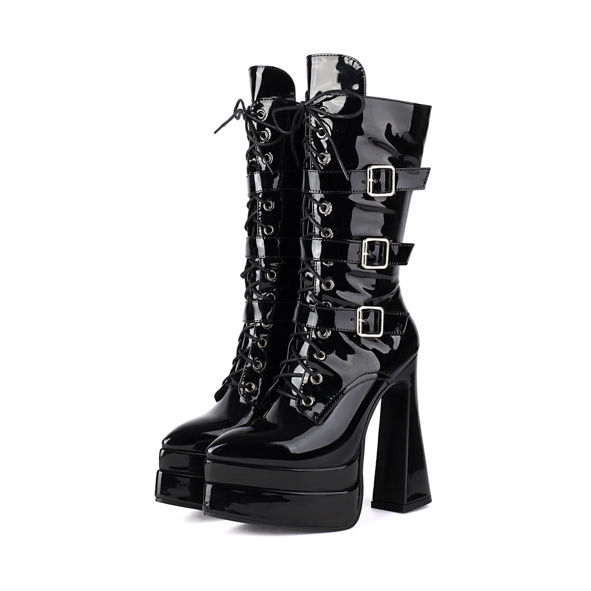 Platform Pointed Toe Belt Buckle Mid Calf Boots