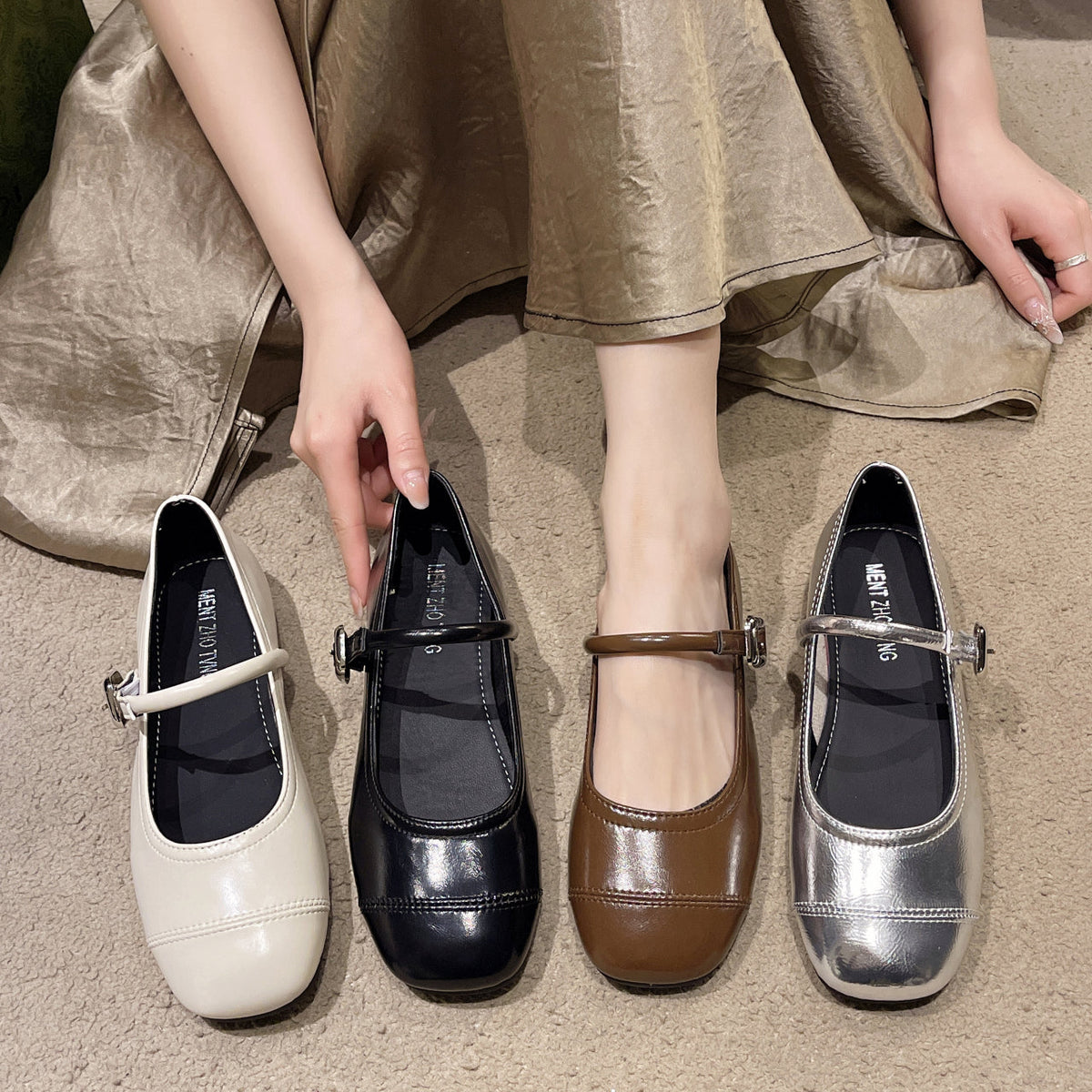 Women Vintage Flat Shoes, Adjustable Metal Buckle Strap Glossy Leather Ballet Flats Retro Splicing Toe Daily Commuter Casual Dress Shoes