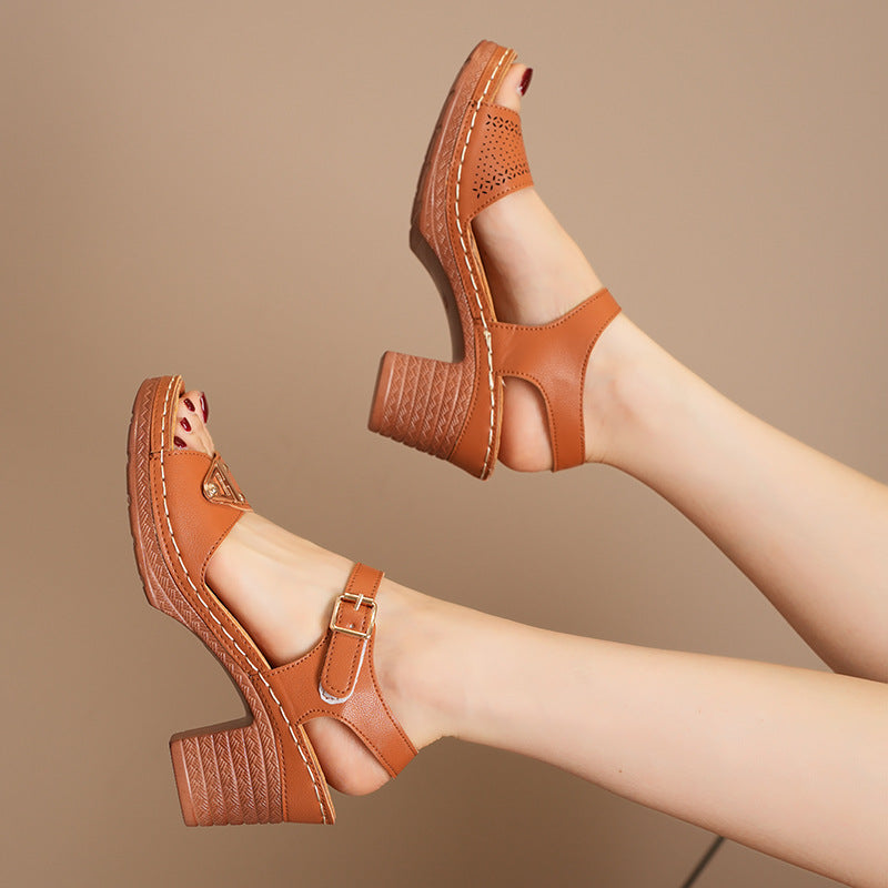 Women's Face Buckle Chunky Heel Sandals