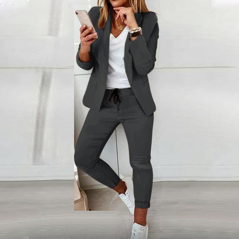 Conjunto de traje de saco con solapa de muesca y pantalón con cordón para mujer