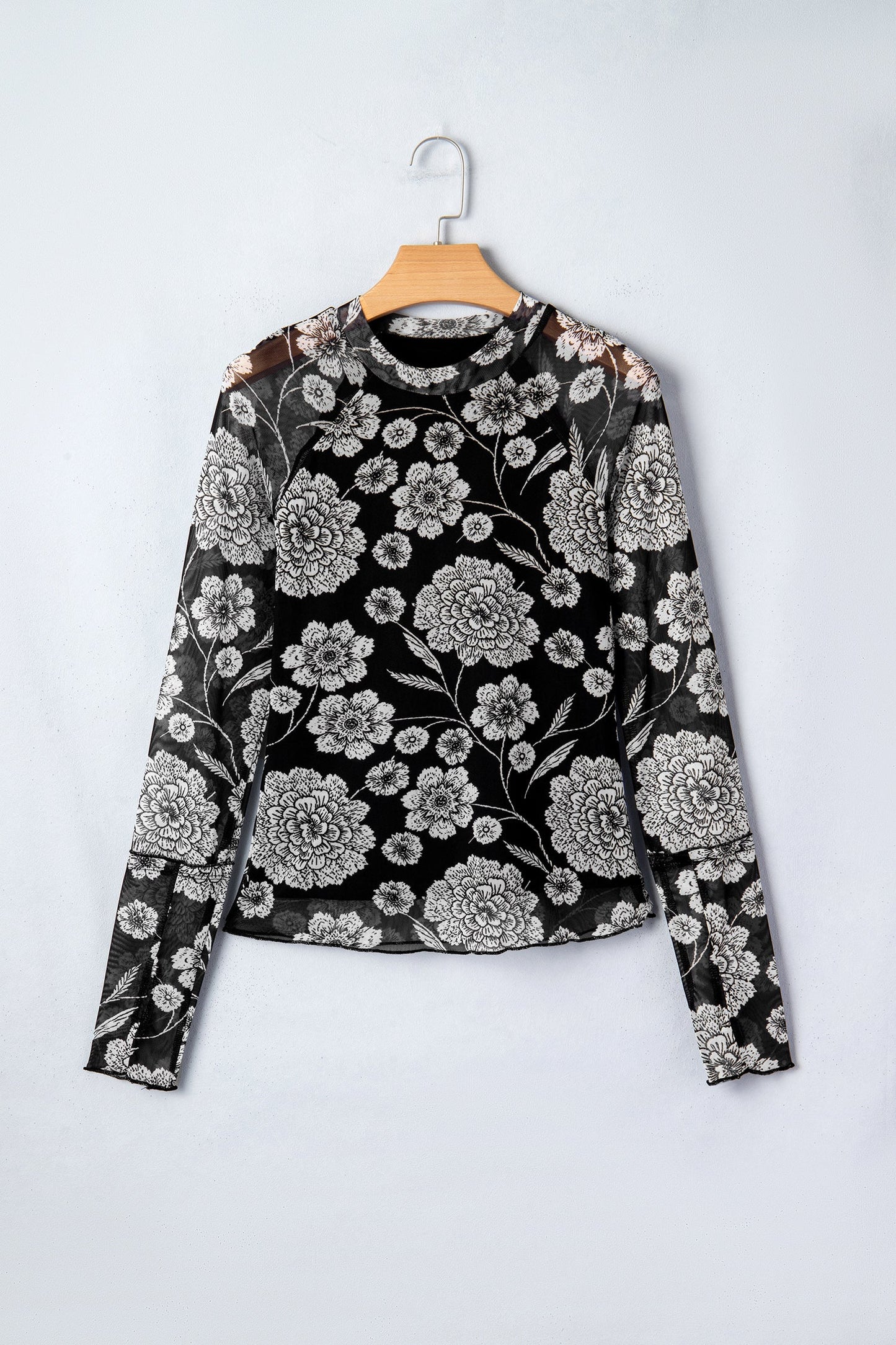 Top de malla de manga larga con agujero para el pulgar y estampado floral marrón