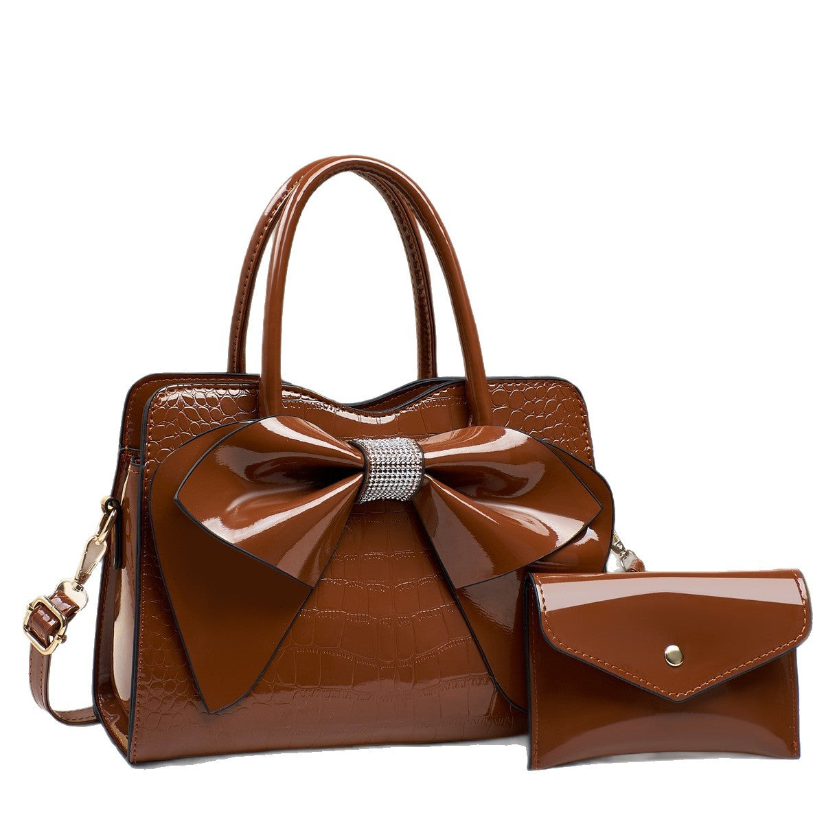 Fashionable Crocodile-Print Bow Bucket Bag Patent Leather Glossy Crossbody Bag