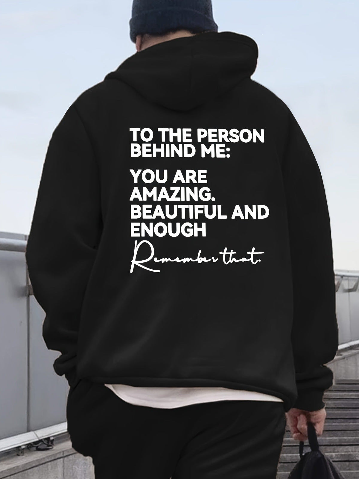 Loose-fit Drop-shoulder Hooded Sweatshirt With English Print On The Back