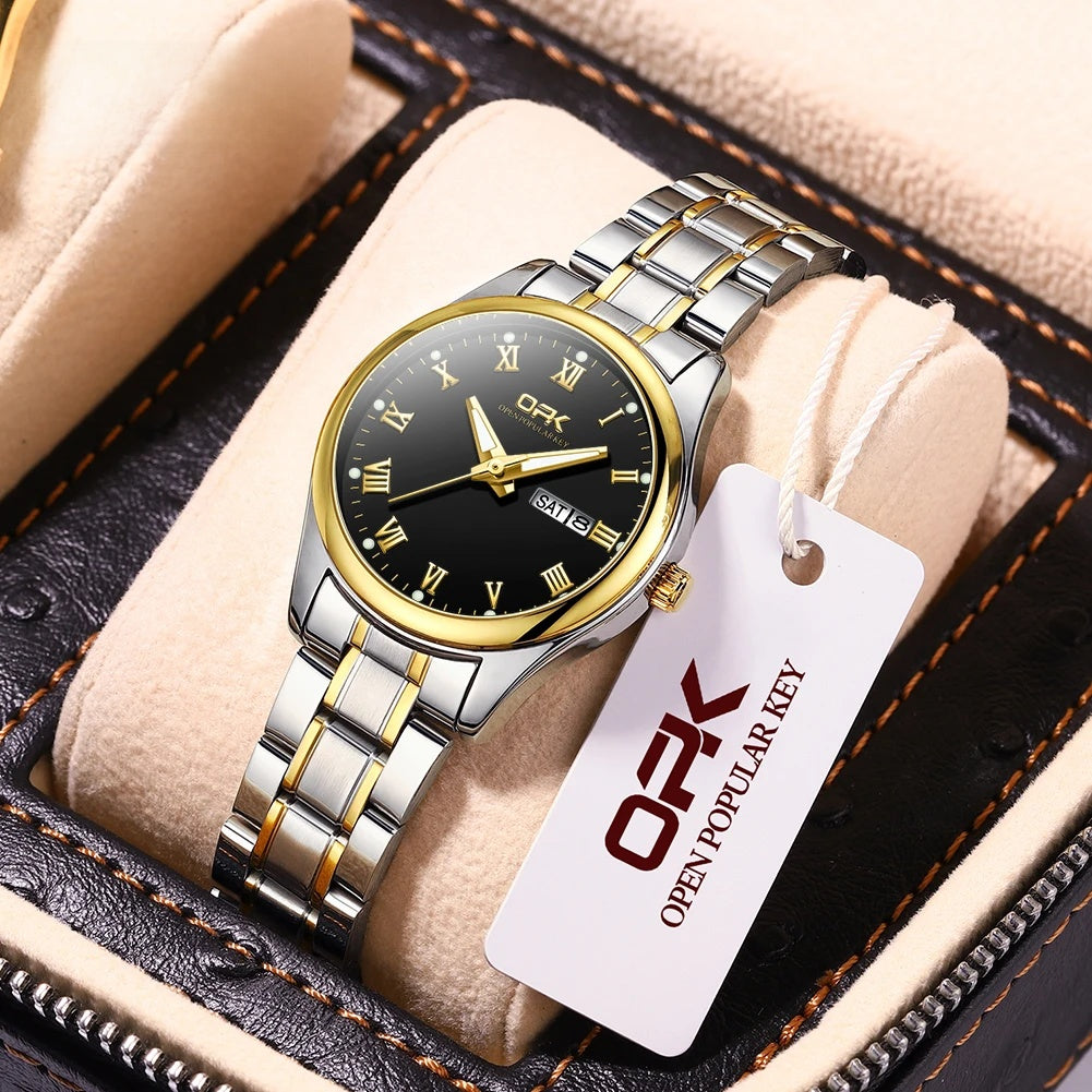 Women's 28mm Roman Numeral Day-Date Quartz Watch, Steel Bracelet