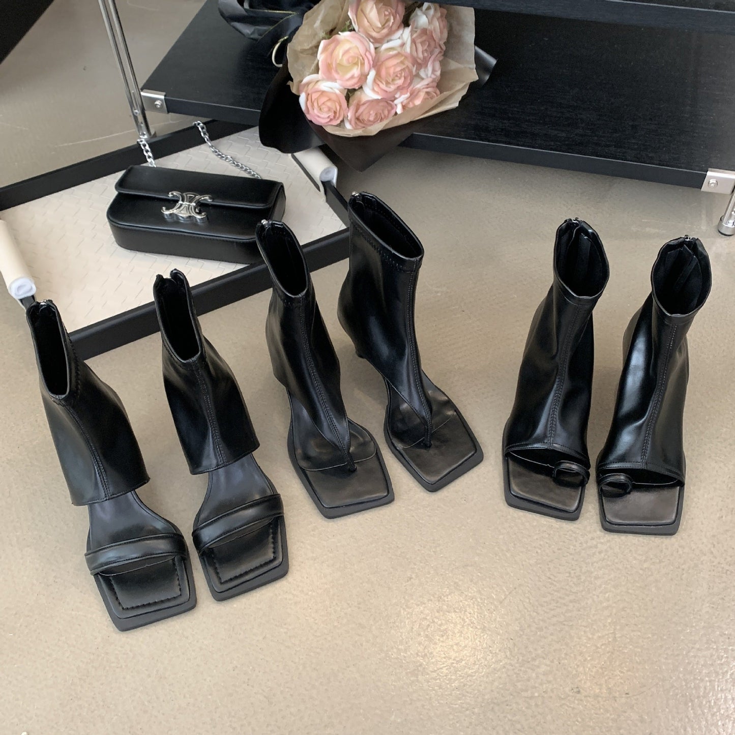Open-Toe High-Heel Square-Toe Boots