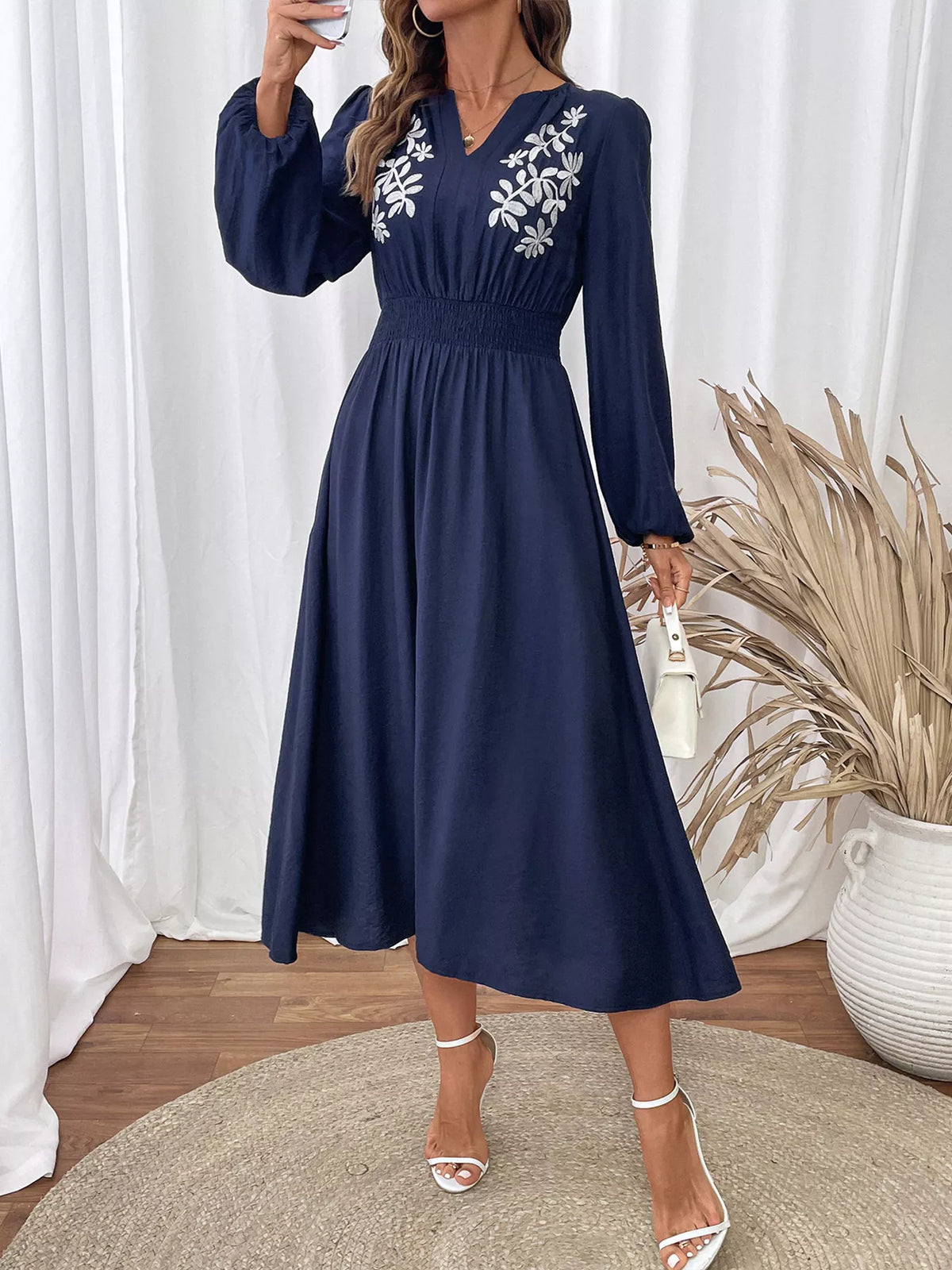 Embroidered Notched Long Sleeve Midi Dress