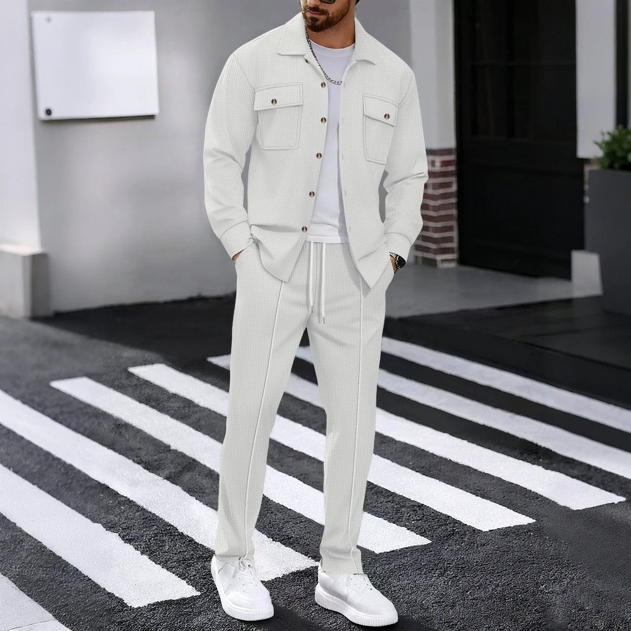 Autumn New Waffle Long-sleeved Trousers Two-piece Set Cardigan Shirt Suit