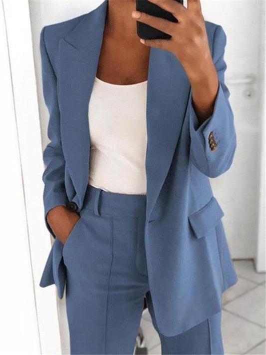 Ins Botón Traje Casual Moda Chaqueta Blazer de Solapa de Manga Larga y Pantalones de Bolsillo Entallados para Ropa de Mujer