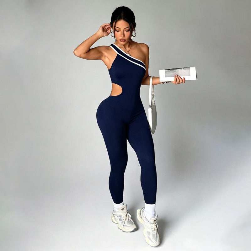 Color-blocked Off-shoulder Midriff-baring Yoga Pants