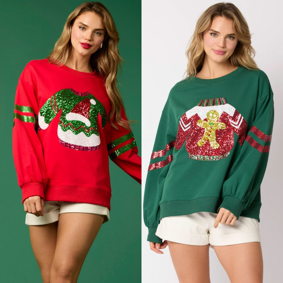 Sudadera informal de lentejuelas con cuello redondo para mujer