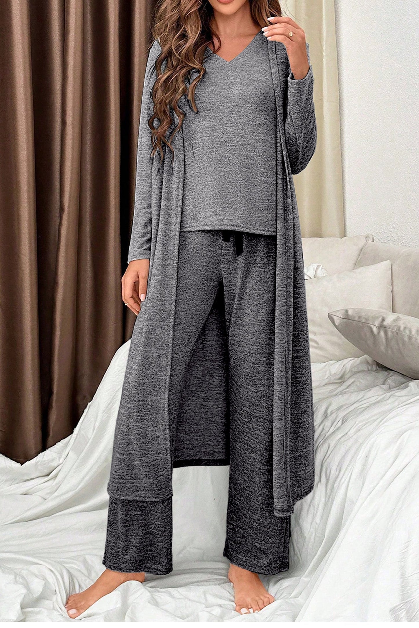 Conjunto de salón de 3 piezas: camiseta con cuello en V, pantalón con lazo anudado y chaqueta abierta