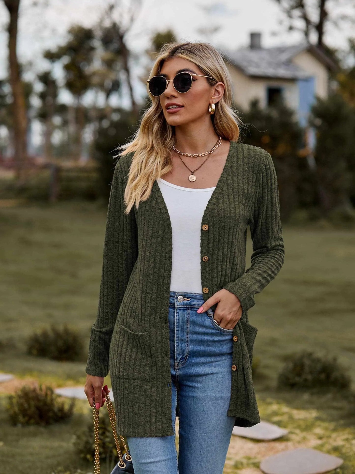 Sweaters Trendsi Heathered ribbed cardigan with pockets