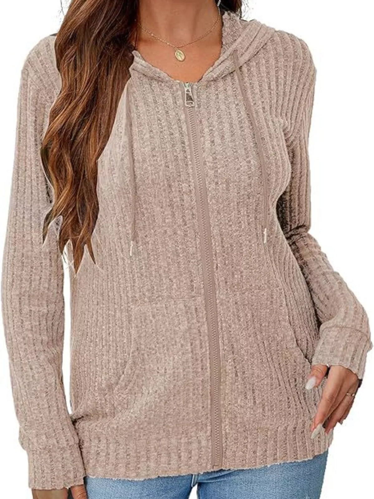 Ribbed Zip Up Hooded Outerwear
