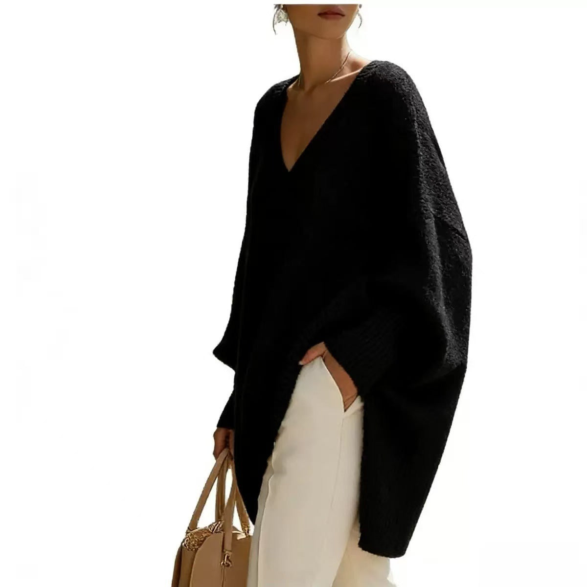 Women's V Neck Oversized Knit Sweater, Long Sleeve Solid Color Lazy Style Loose Asymmetric Hem Pullover Top For Spring Daily Wear