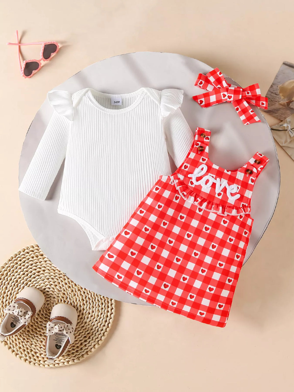 Children's Ruffled Bodysuit and Gingham Dress Set with Headband