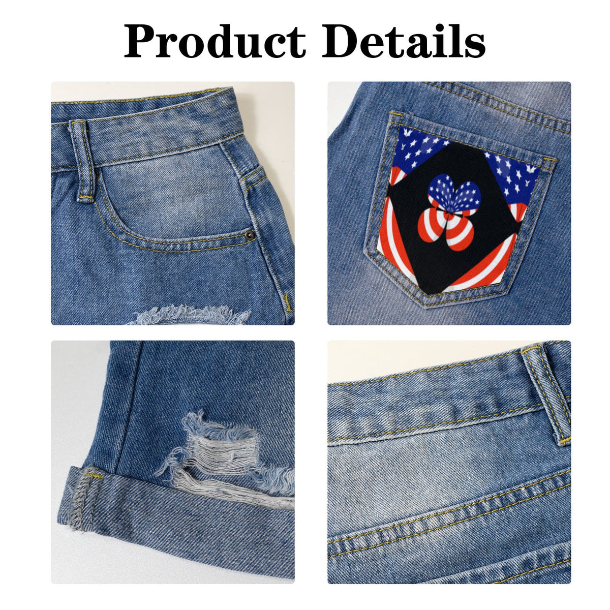 USA Butterfly Light-Wash Blue Denim Shorts (Dual Pockets Print)