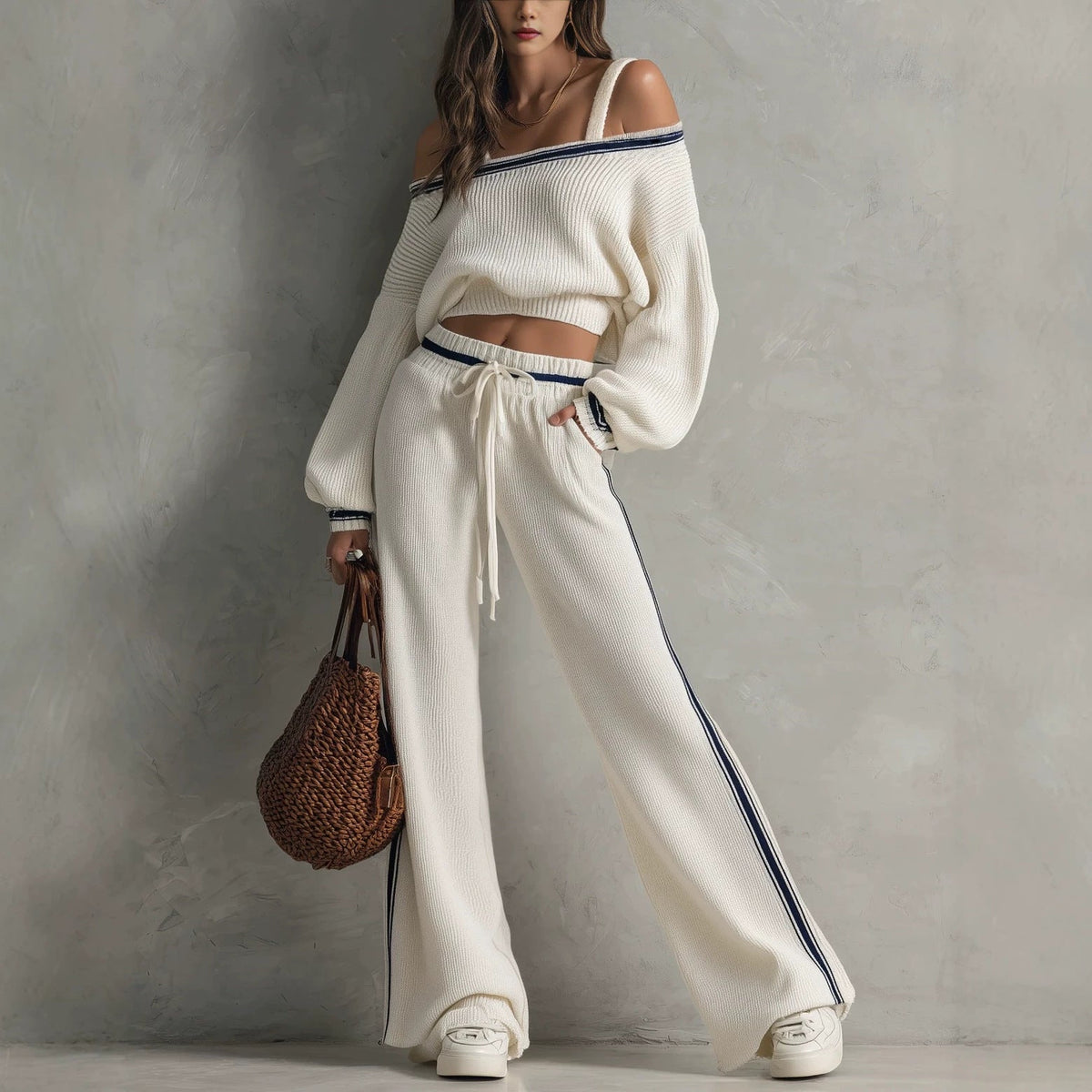 Arrival Eye-color Off-shoulder Sweater And Wide-leg Pants Two-piece Set