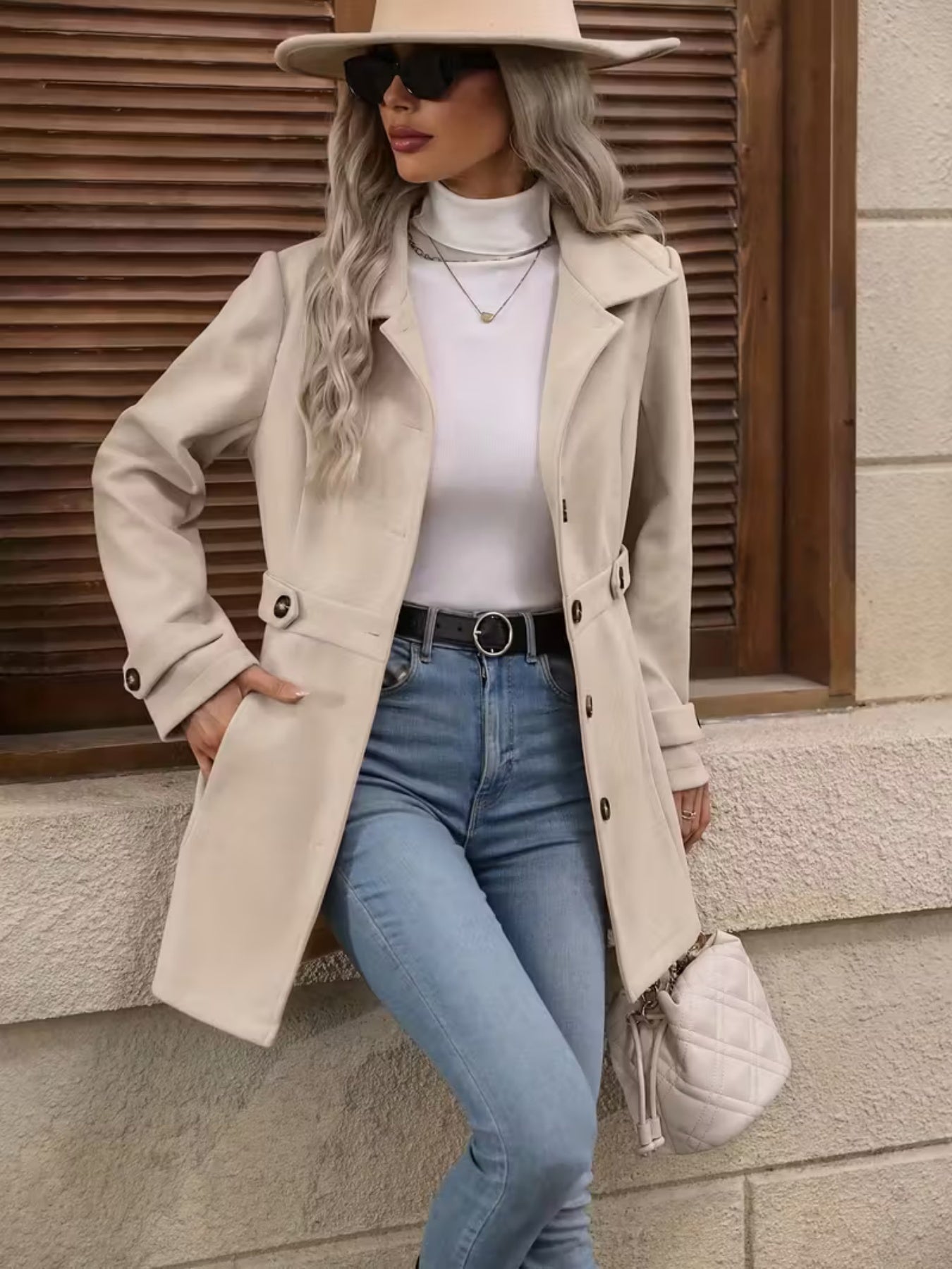 Abrigo de lana elegante para mujer - Abrigo de invierno de corte entallado de longitud media con solapa