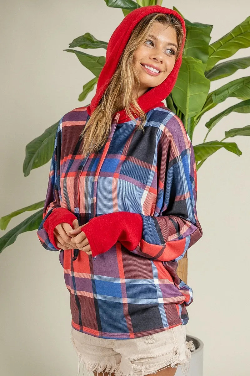 Plaid Mirr Brushed Rib Contrast Thumb Open Hoodie