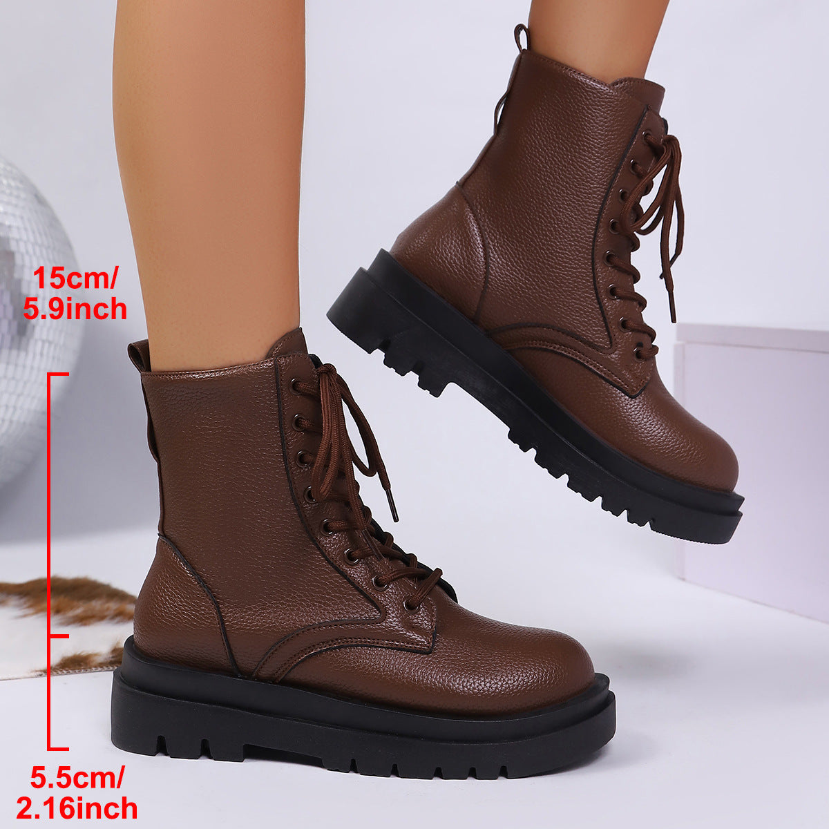 Botines de Mujer con Punta Redonda, Talla Grande, con Cordones y Suela Gruesa