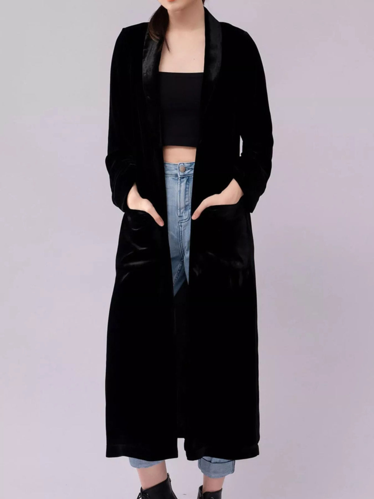Velvet Lapel Collar Longline Coat