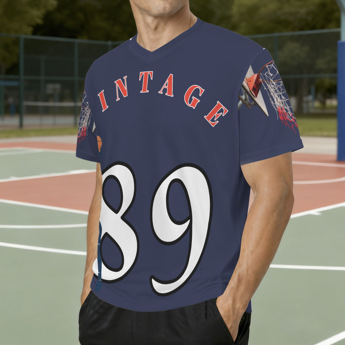Vintage 89 Basketball Player Men's V-Neck Jersey (Model T97)