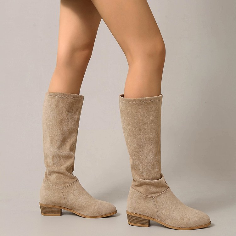 Women's Matte High Calf Knight Boots, Back Zipper, Chunky Wood Grain Heel, Minimalist Straight Shaft, Below Knee, Slim Fitting