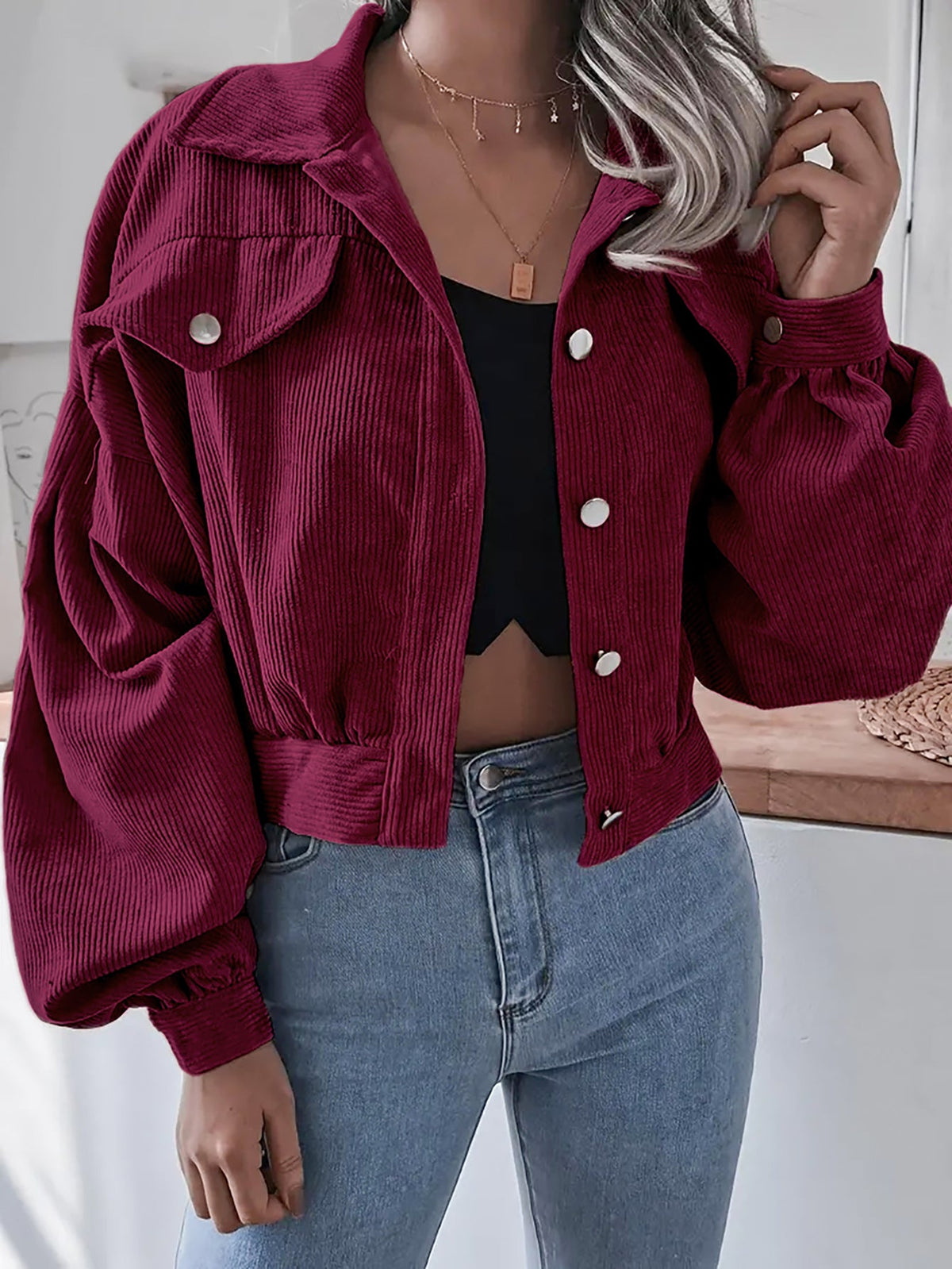 Lantern Sleeve Corduroy Casual Short Jacket