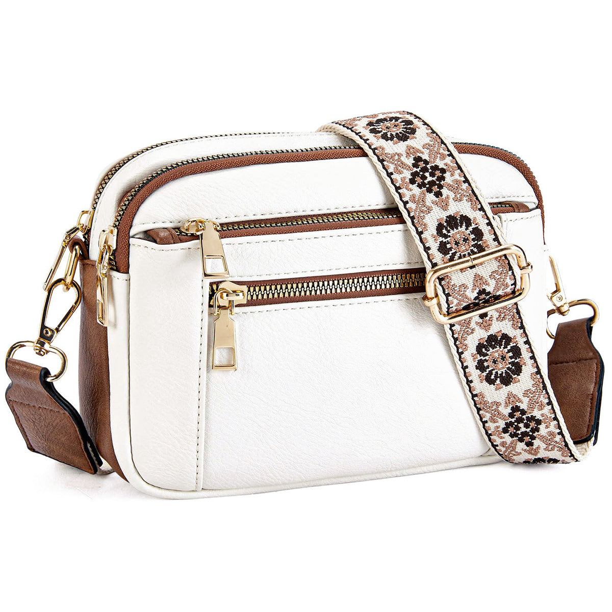 Women's Triple-Zipper Crossbody Bag with Floral Embroidered Strap
