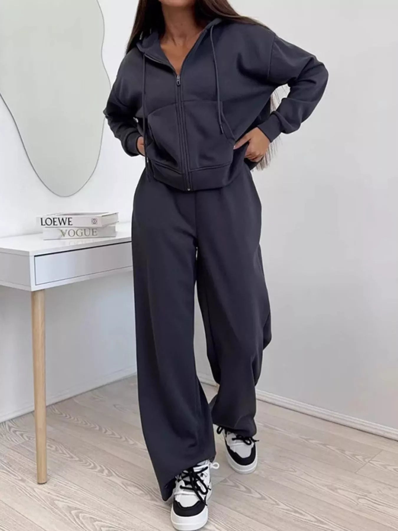 Zip-Up Hoodie and Wide-Leg Pants Set