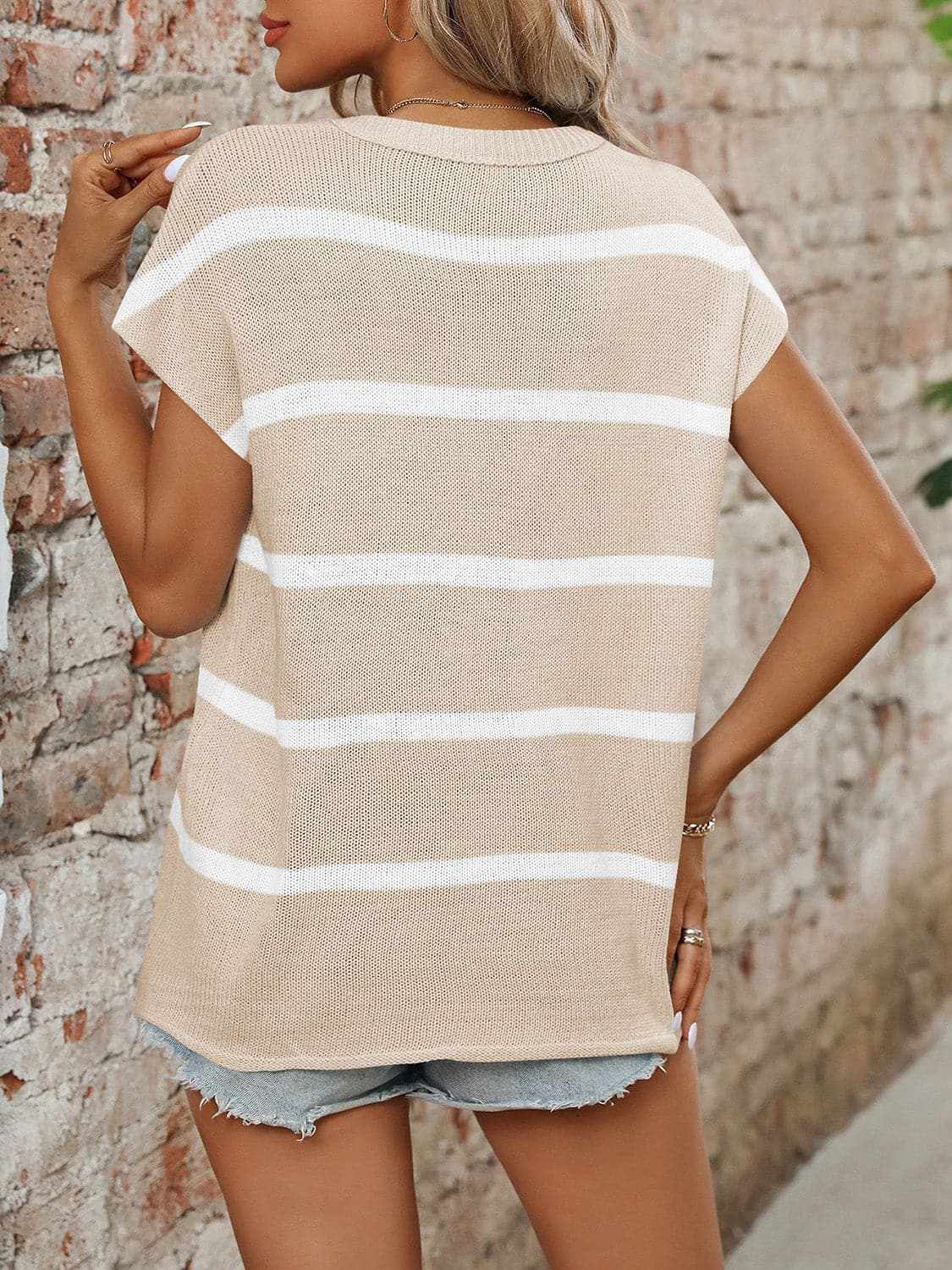 Sweaters Trendsi Chic striped knit top - round neck, short sleeves