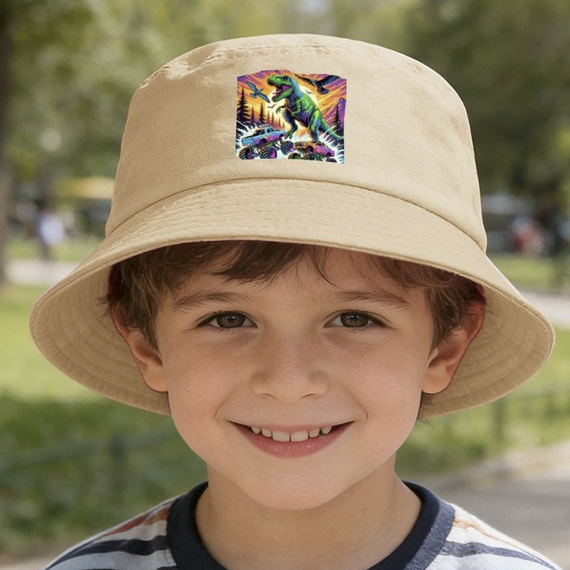 Giant Dinosaur Stomping Trucks Design Kid's Bucket Hat | Ships from USA