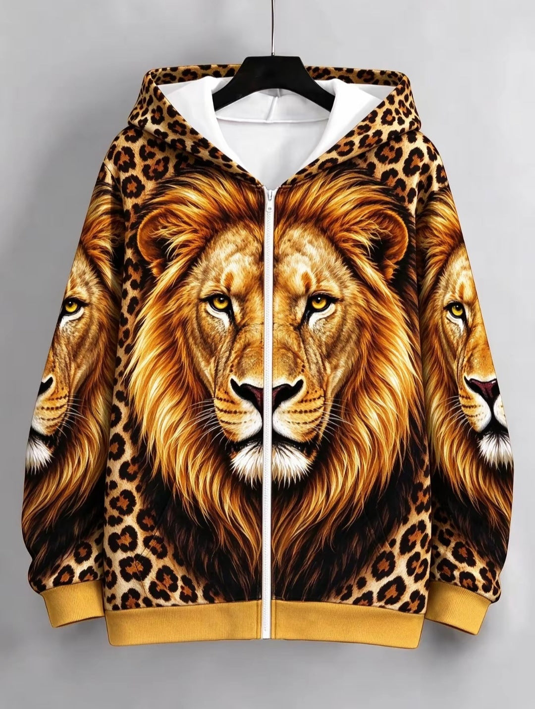 Women's European American Style Zip Up Hooded Cardigan Sweatshirt, Big Face Animal Print, All Over Leopard Print, Loose Casual Trendy Jacket