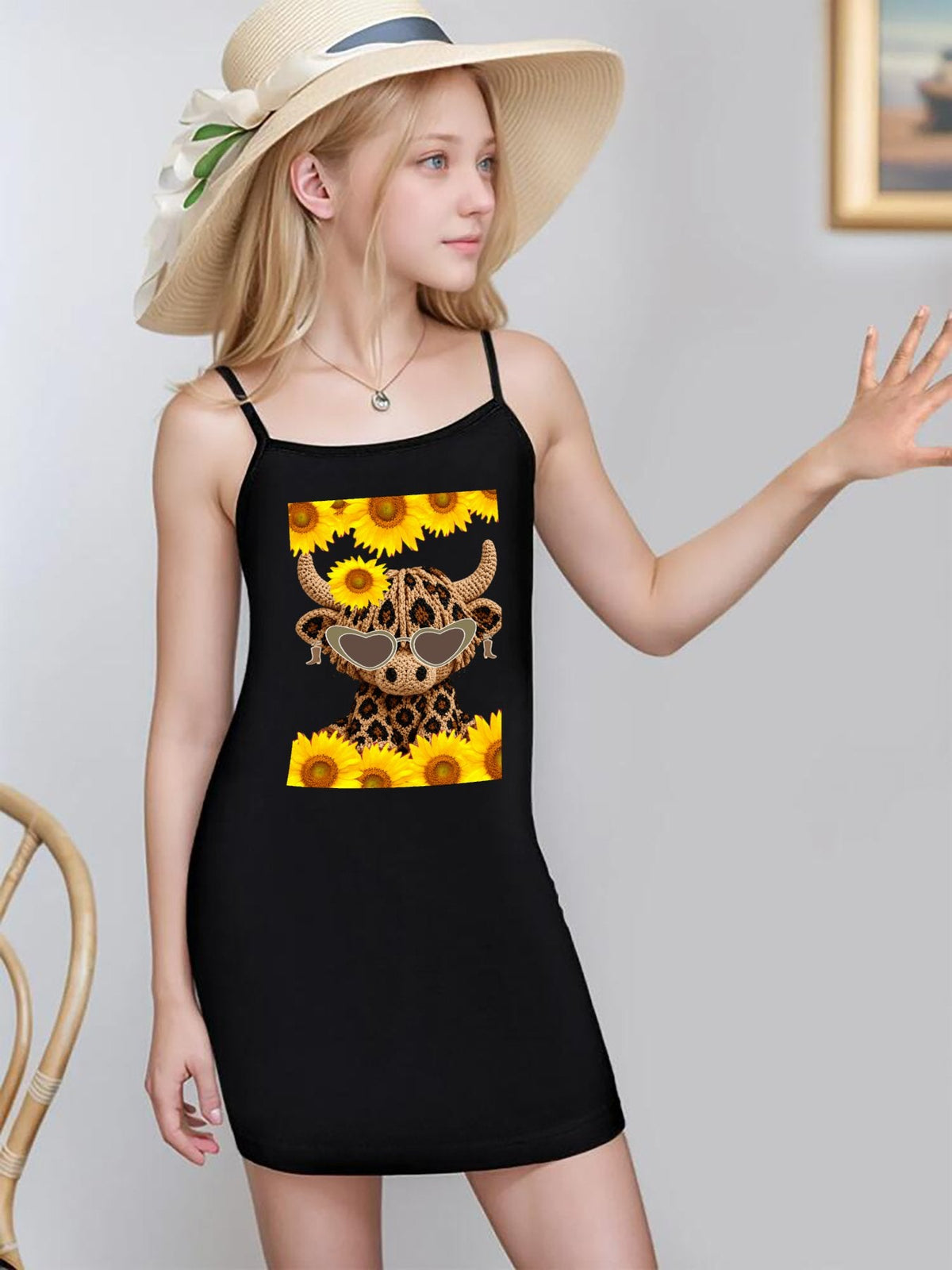 Yarn Highland Cow with Sunflowers Dress with Shoulder Straps for Girls
