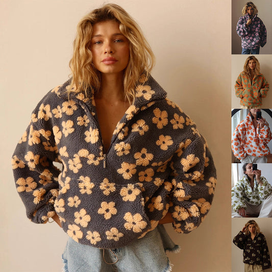 Sudadera de piel de cordero "Flores de invierno" para mujer | Jersey cómodo con cremallera y bolsillo