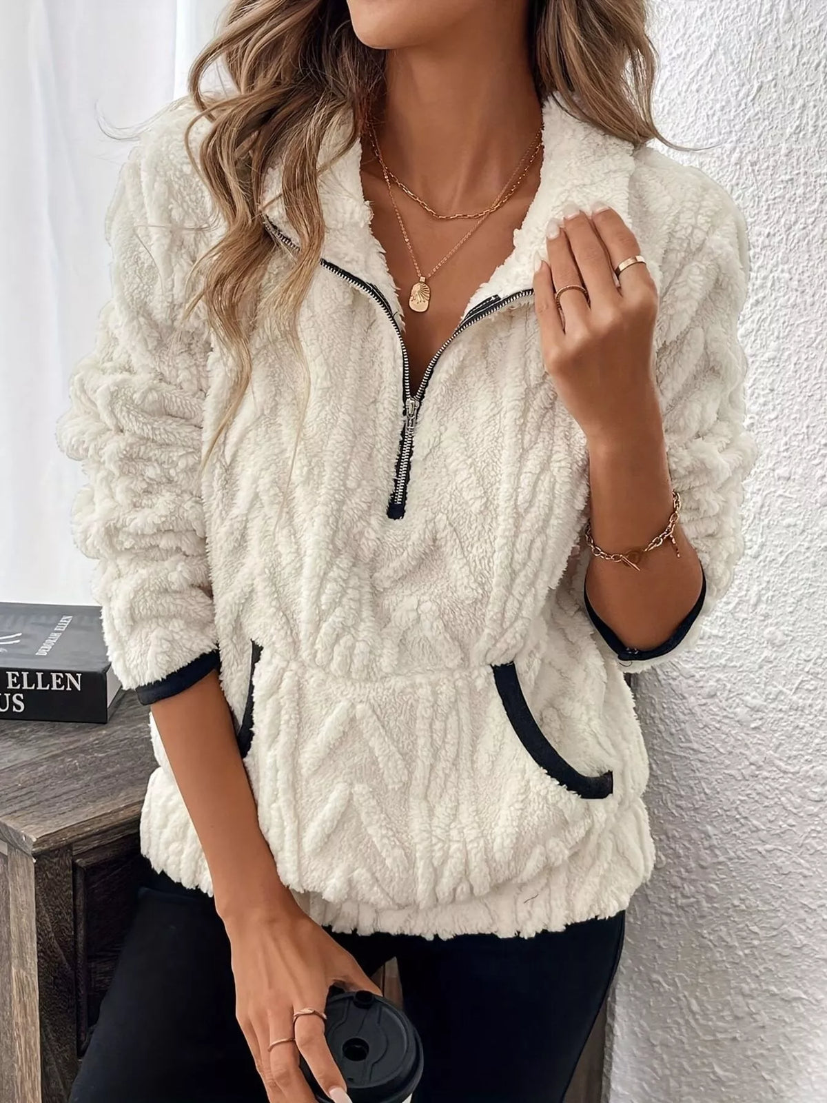 Full Size Half Zip Kangaroo Pocket Sweatshirt Plus Size