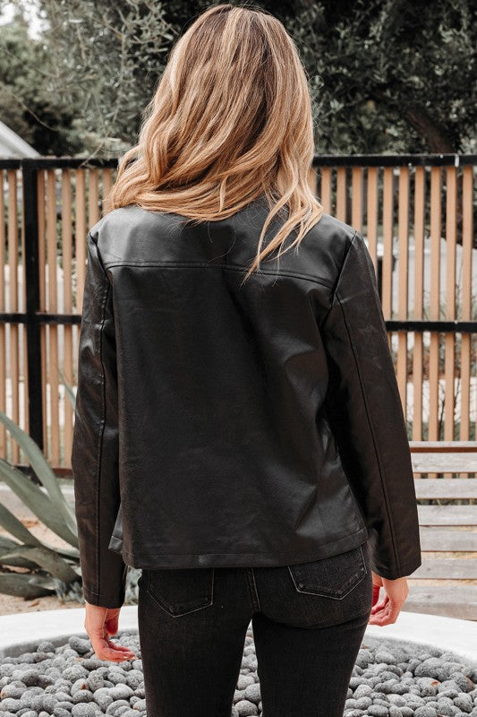 Faux Leather Button-Front Boxy Jacket See size chart under “more details”
