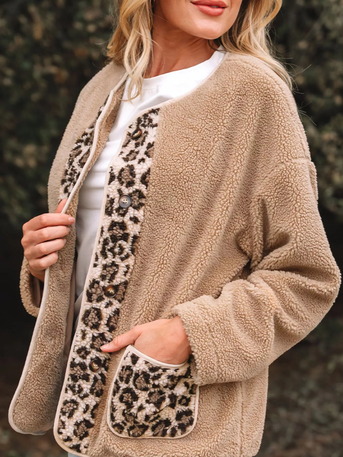 Casual Leopard Print Accent Plush Jacket with Pockets