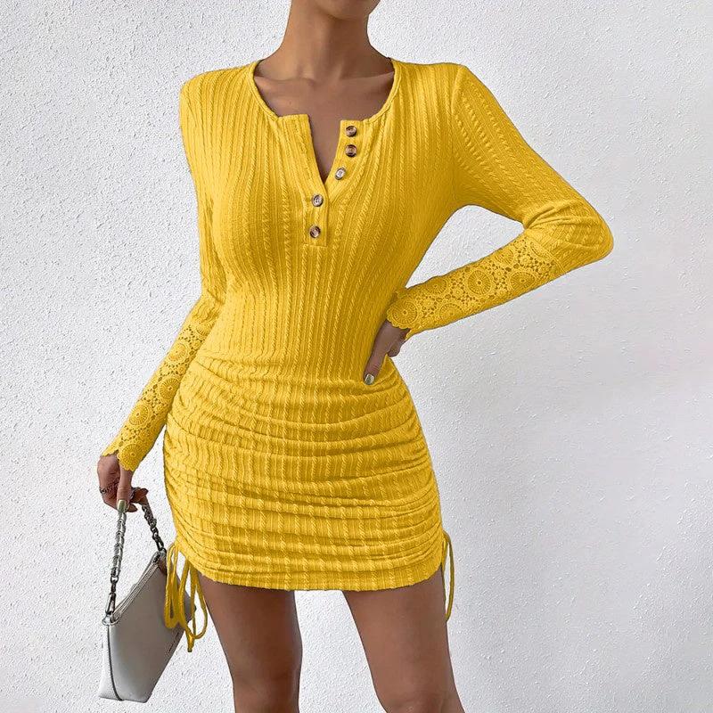 Women's Elegant Bodycon Dress - Round Neck With Button Detail, Solid Color Long Sleeve Lace Cuff & Drawstring Hem Holiday Dress